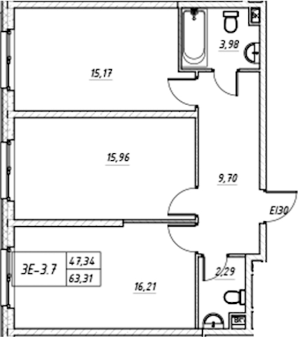 2-комнатная квартира 63.31 м², 16/17 эт., Комплекс апартаментов «Zoom на Неве»